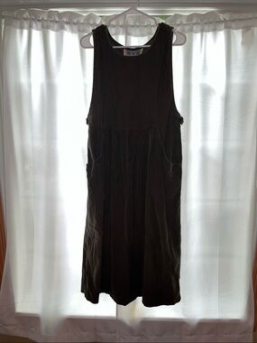 Sleeveless Corduroy Midi Pinafore Dress in Olive Green